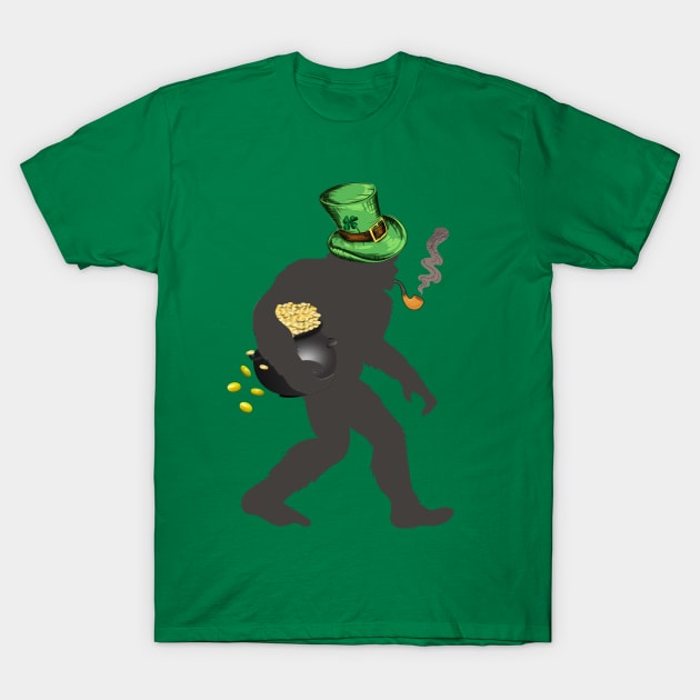 St. Patrick's Day Lucky Bigfoot Carrying Pot of Gold T-Shirt by Dibble Dabble Designs